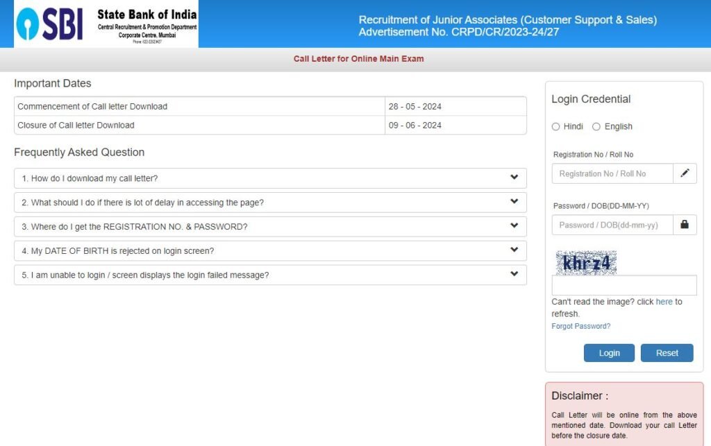 SBI Junior Associates Call Letter 2024