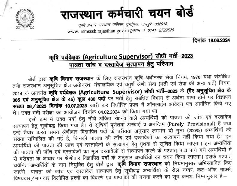 RSMSSB AGRICULTURE SUPERVISOR 2023 RESULT
